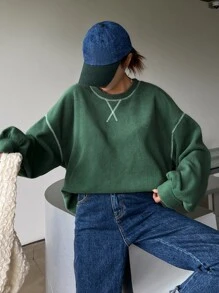 DAZY Slogan Graphic Drop Shoulder Fleece Oversized Sweatshirt Be Happy It's Okay,Long Sleeve Tops,Fall Women Clothes - Green - View 2