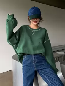 DAZY Slogan Graphic Drop Shoulder Fleece Oversized Sweatshirt Be Happy It's Okay,Long Sleeve Tops,Fall Women Clothes - Green - View 6