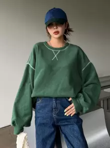 DAZY Slogan Graphic Drop Shoulder Fleece Oversized Sweatshirt Be Happy It's Okay,Long Sleeve Tops,Fall Women Clothes - Green - View 7