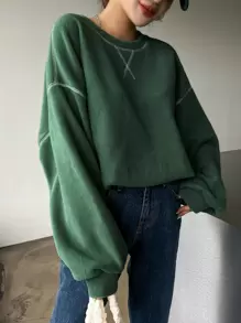 DAZY Slogan Graphic Drop Shoulder Fleece Oversized Sweatshirt Be Happy It's Okay,Long Sleeve Tops,Fall Women Clothes - Green - View 8