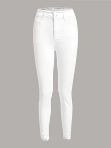 Ripped Raw Cut Skinny Jeans - White - View 1