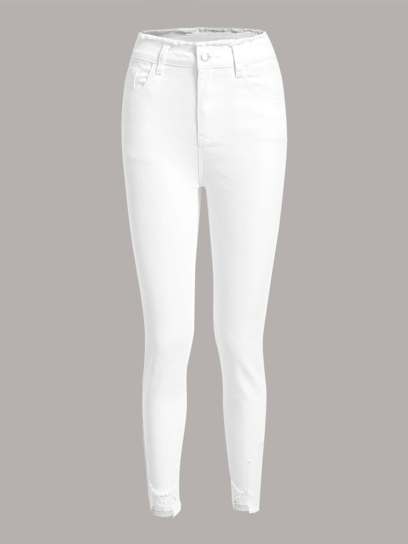 Ripped Raw Cut Skinny Jeans - White - View 1