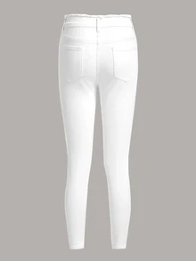 Ripped Raw Cut Skinny Jeans - White - View 2