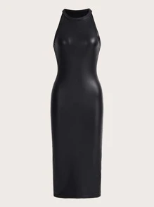SHEIN ICON Solid PU Leather Halter Dress - Black - View 1