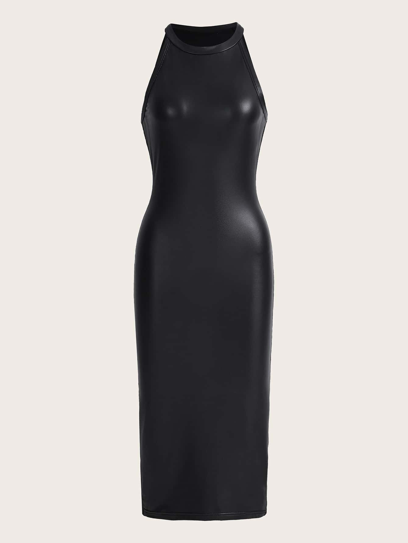 SHEIN ICON Solid PU Leather Halter Dress - Black - View 1