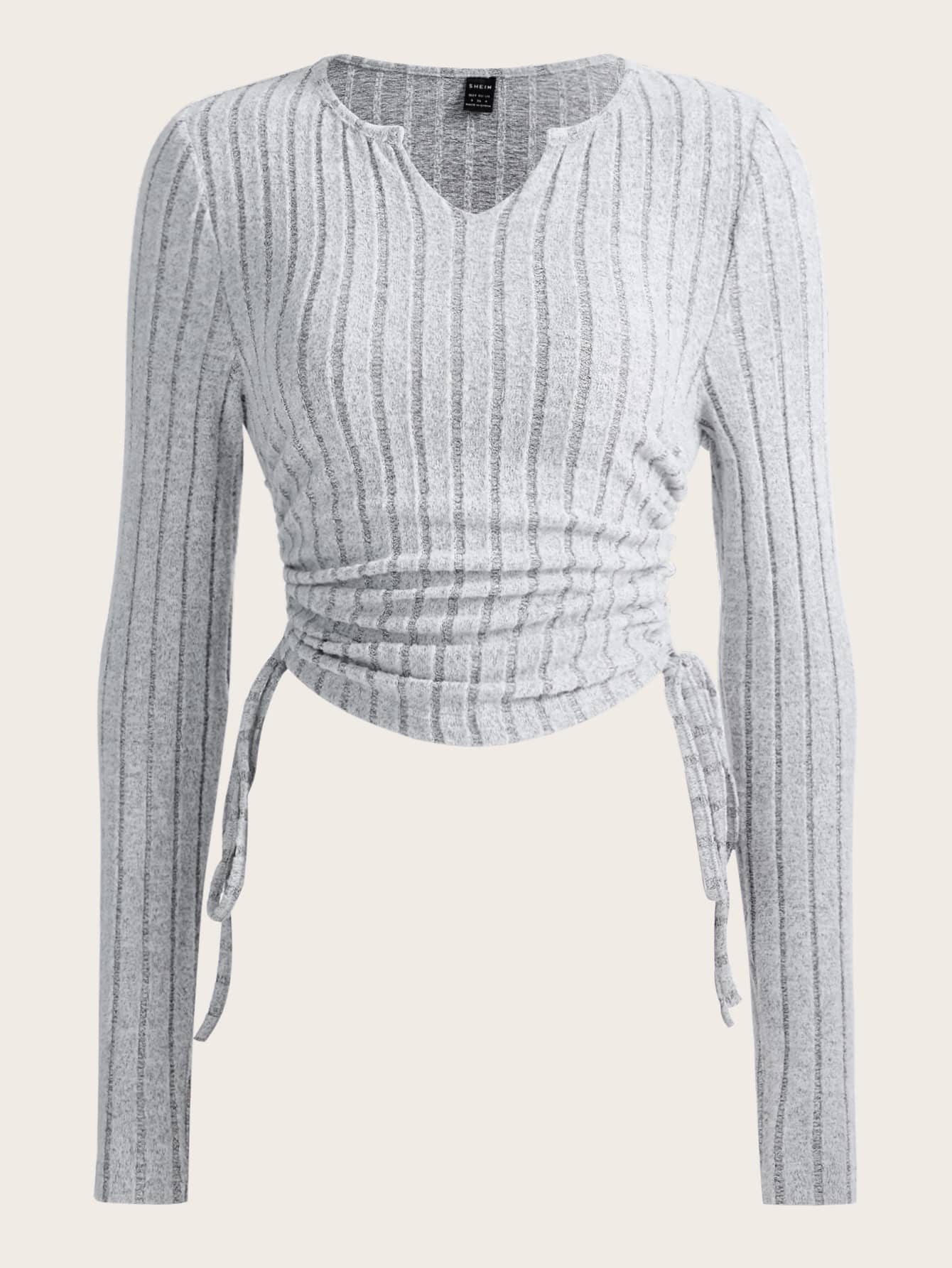 SHEIN EZwear 缺口領側抽繩T恤 - 淺灰色 - 查看 1