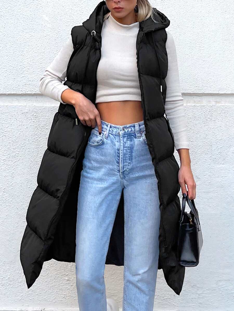 EURMUSE Zip Up Hooded Puffer Vest Coat - Black - View 1