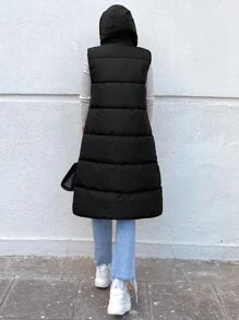 EURMUSE Zip Up Hooded Puffer Vest Coat - Black - View 2