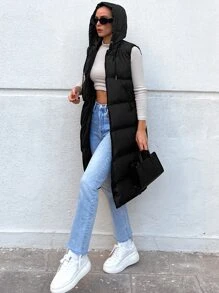 EURMUSE Zip Up Hooded Puffer Vest Coat - Black - View 6