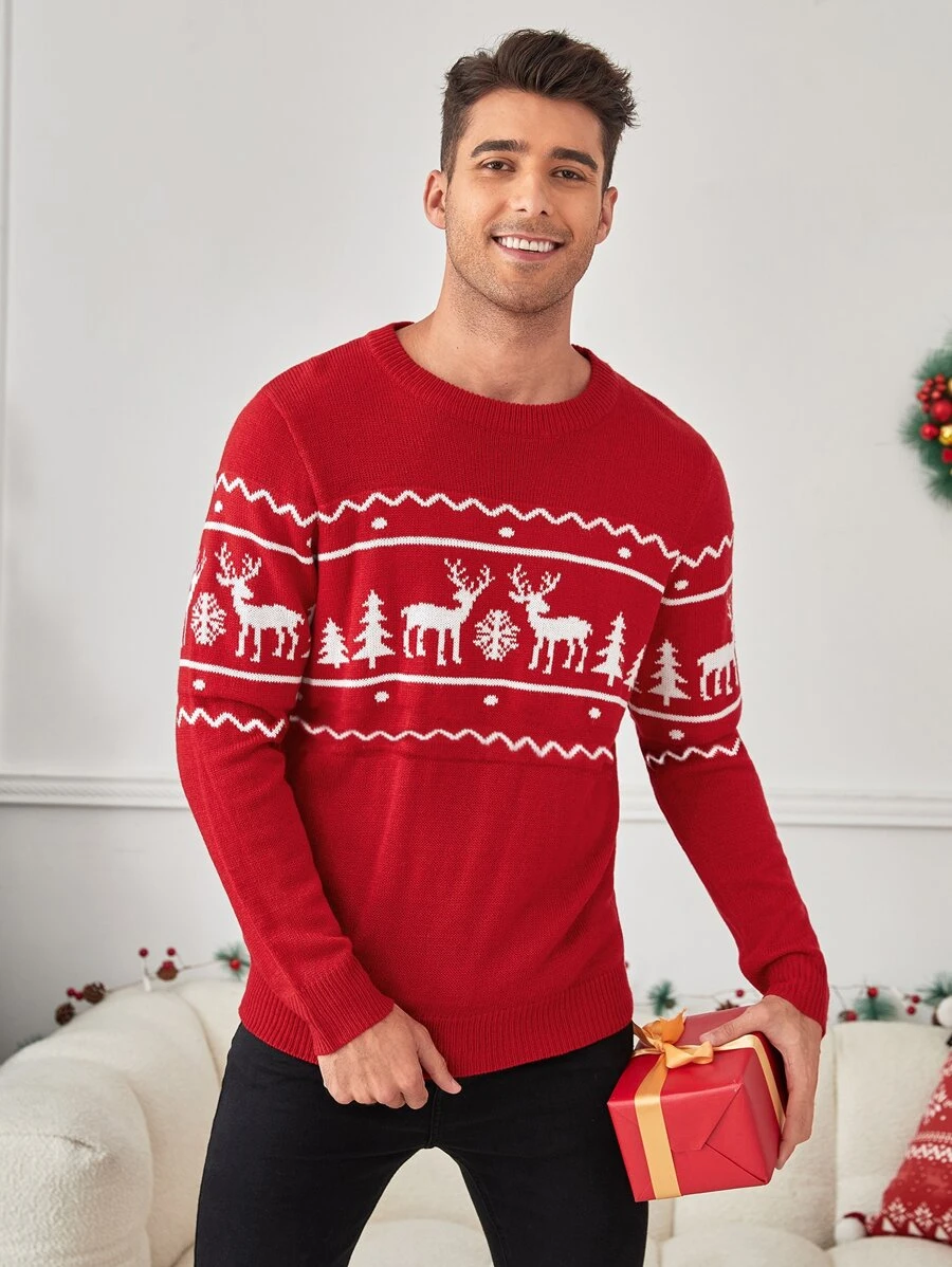 HIMLAND Men Christmas Snowflake & Elk Pattern Jumper