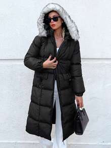 EURMUSE Zip Up Fuzzy Trim Hooded Puffer Coat - Black - View 1