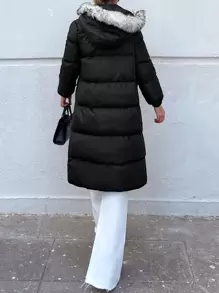 EURMUSE Zip Up Fuzzy Trim Hooded Puffer Coat - Black - View 2