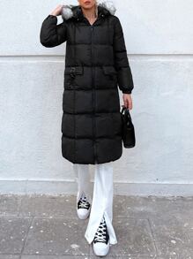 EURMUSE Zip Up Fuzzy Trim Hooded Puffer Coat - Black - View 5