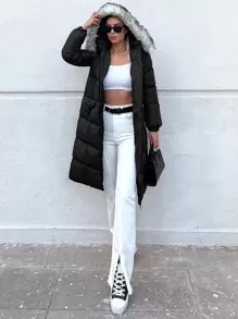 EURMUSE Zip Up Fuzzy Trim Hooded Puffer Coat - Black - View 7