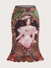 SHEIN ICON Falda con estampado floral con figura ribete en forma de lechuga - Multicolor - Ver 8