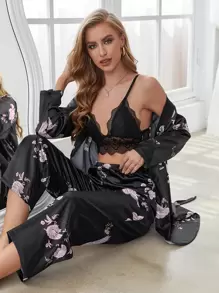 3pcs Floral Self Tie Night Set - Black - View 1