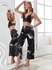 3pcs Floral Self Tie Night Set - Black - View 3
