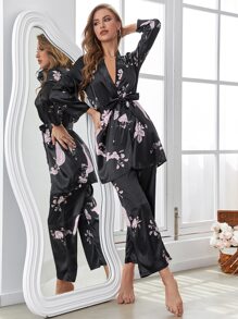 3pcs Floral Self Tie Night Set - Black - View 7