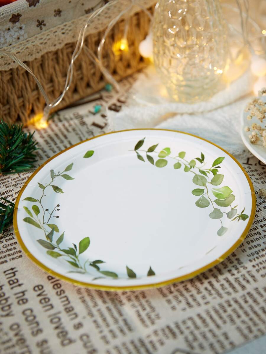 10 Piece/Set Disposable Dinner Plates, 7/9 Inch Sage Green Leaf Paper