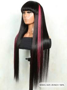 Straight Human Hair Wigs With Bangs Ombre Pink Hair Affordable Hair Replacement Wig For Women Cheap Silky Wig For Beginner Friendly Wear To Go Wig Natural Black Color - SNatural/Pink - View 9