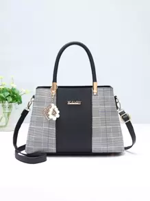 Plaid Pattern Letter Decor Top Handle Bag, Mother's Day Gift For Mom - Multicolor - View 1