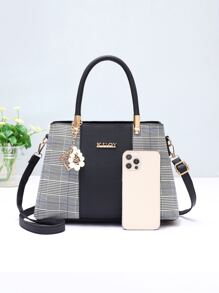 Plaid Pattern Letter Decor Top Handle Bag, Mother's Day Gift For Mom - Multicolor - View 6