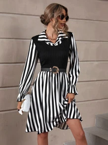 SHEIN Privé Striped Print Flounce Sleeve 2 In 1 Dress - Black and White - View 4