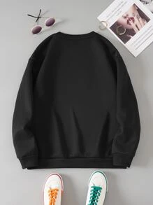 SHEIN Essnce Cat And Letter Graphic Thermal Lined Sweatshirt - Black - View 2