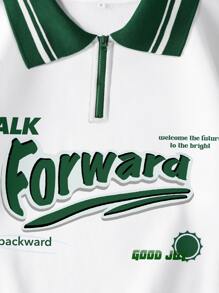 INAWLY Slogan Graphic Contrast Collar Thermal Lined Quarter Zipper Sweatshirt - White - View 5