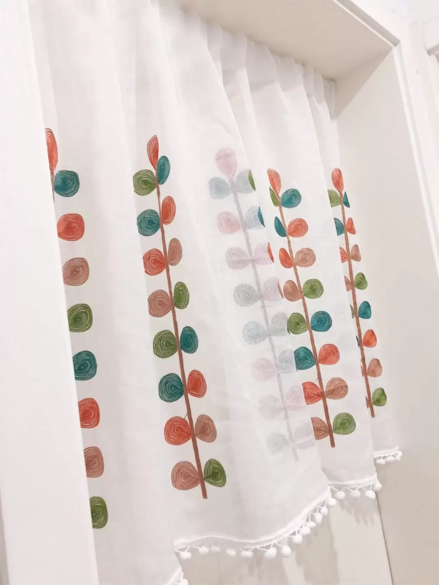 1入組植物圖案小絨球邊窗帷 - 彩色 - 查看 1