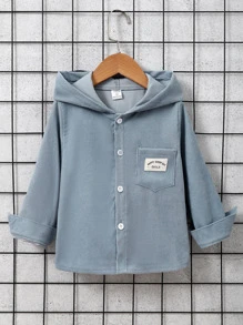 SHEIN 少年男孩字母貼花細節口袋前開衩帽t恤 - 藍色 - 查看 1