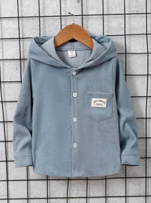 SHEIN 少年男孩字母貼花細節口袋前開衩帽t恤 - 藍色 - 查看 3