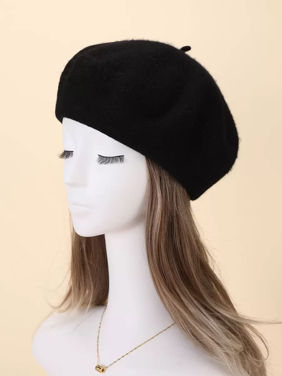 Wool-Mix Solid Beret Halloween Winter Fall - Black - View 1