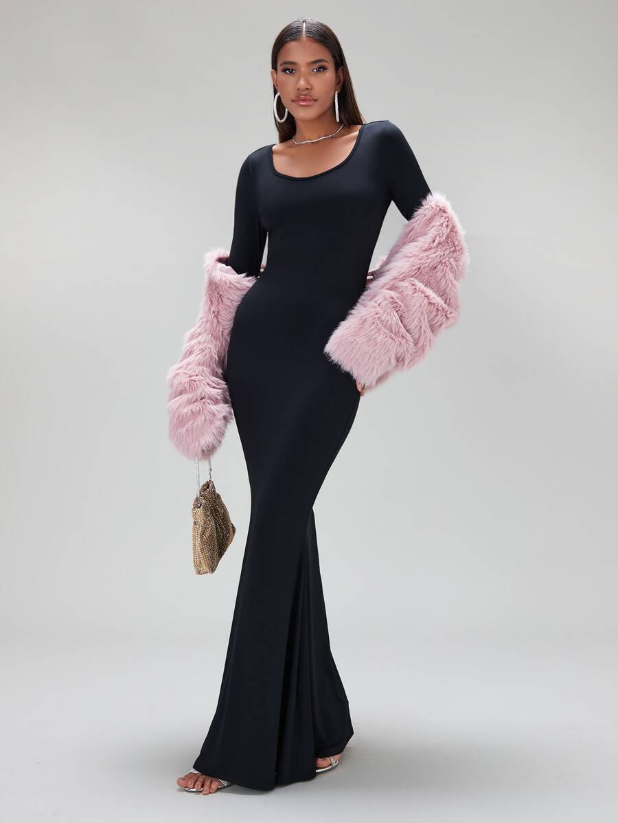 SHEIN BAE Solid Scoop Neck Maxi Bodycon Dress - Black - View 1