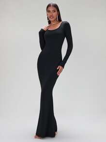 SHEIN BAE Solid Scoop Neck Maxi Bodycon Dress - Black - View 4