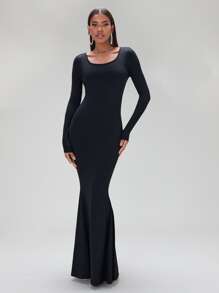 SHEIN BAE Solid Scoop Neck Maxi Bodycon Dress - Black - View 5