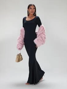 SHEIN BAE Solid Scoop Neck Maxi Bodycon Dress - Black - View 6