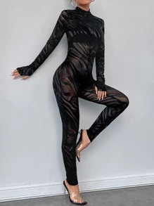 SHEIN SXY Zebra Striped Unitard Women Jumpsuit - Black - View 1