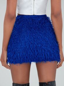 SHEIN BAE 素色流蘇迷你緊身短裙 - 寶藍色 - 查看 2