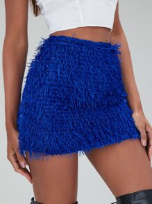 SHEIN BAE 素色流蘇迷你緊身短裙 - 寶藍色 - 查看 6