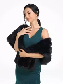 素色毛茸茸披肩圍巾 - 黑色 - 查看 10