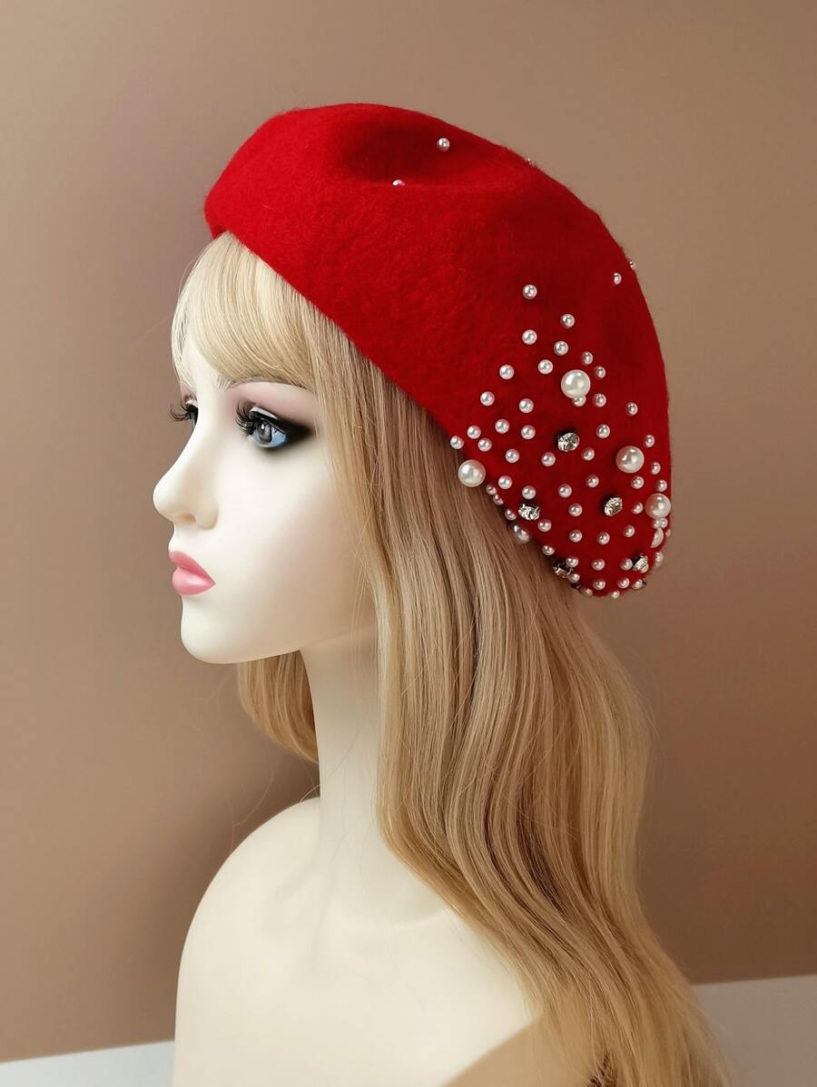 100% Wool Faux Pearl & Rhinestone Decor Beret - Red - View 1
