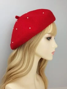 100% Wool Faux Pearl & Rhinestone Decor Beret - Red - View 2