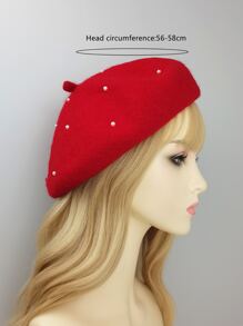 100% Wool Faux Pearl & Rhinestone Decor Beret - Red - View 3