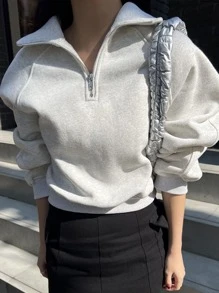 Dazy-Less 半拉链插肩袖卫衣，长袖上衣，复古富贵风格，秋季商务休闲女装 - 淺灰色 - 查看 2