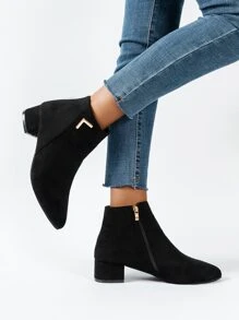 女款時尚粗跟尖頭短靴黑色踝靴仿麂皮側拉鍊閉合秋冬 - 黑色 - 查看 5