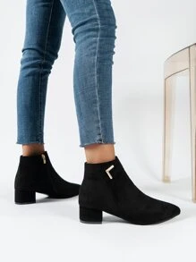 女款時尚粗跟尖頭短靴黑色踝靴仿麂皮側拉鍊閉合秋冬 - 黑色 - 查看 3