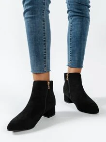 女款時尚粗跟尖頭短靴黑色踝靴仿麂皮側拉鍊閉合秋冬 - 黑色 - 查看 7