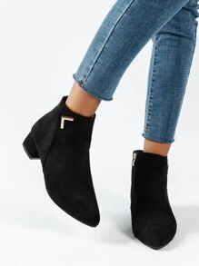 女款時尚粗跟尖頭短靴黑色踝靴仿麂皮側拉鍊閉合秋冬 - 黑色 - 查看 6