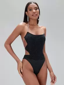 SHEIN BAE Chain Detail Lace Up Backless Halter Bodysuit - Black - View 1